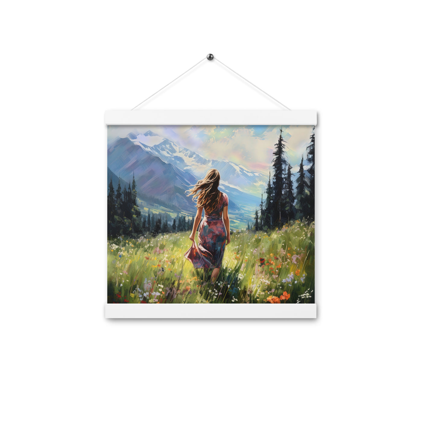 Frau mit langen Kleid im Feld mit Blumen - Berge im Hintergrund - Malerei - Premium Poster mit Aufhängung berge xxx 30.5 x 30.5 cm