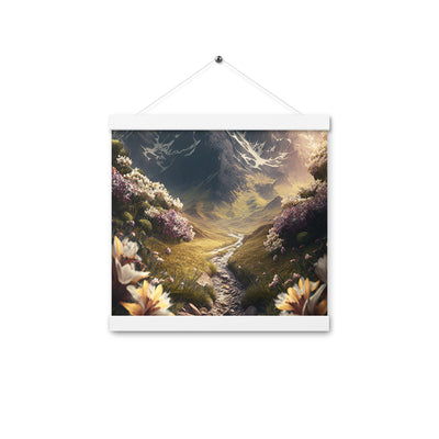 Epischer Berg, steiniger Weg und Blumen - Realistische Malerei - Premium Poster mit Aufhängung berge xxx 30.5 x 30.5 cm