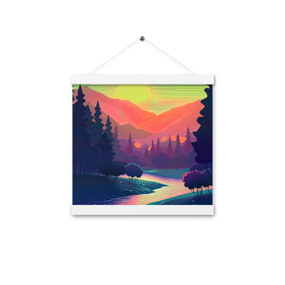 Berge, Fluss, Sonnenuntergang - Malerei - Premium Poster mit Aufhängung berge xxx 30.5 x 30.5 cm