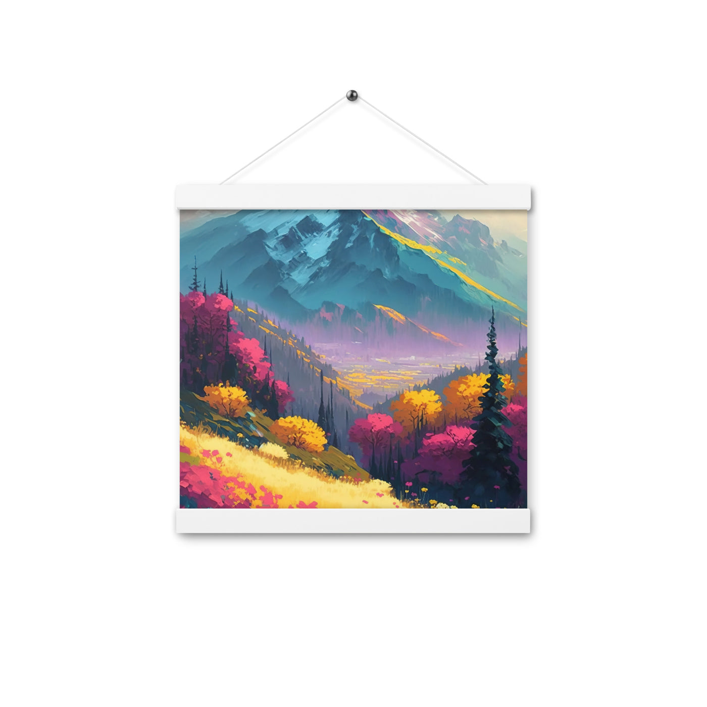 Berge, pinke und gelbe Bäume, sowie Blumen - Farbige Malerei - Premium Poster mit Aufhängung berge xxx 30.5 x 30.5 cm