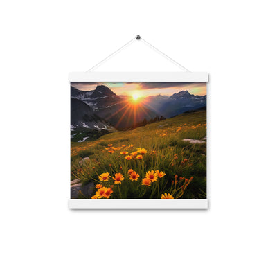 Gebirge, Sonnenblumen und Sonnenaufgang - Premium Poster mit Aufhängung berge xxx 30.5 x 30.5 cm