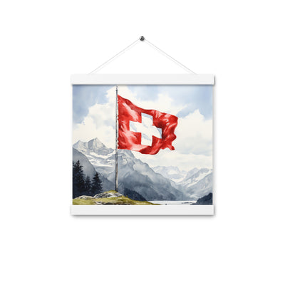 Schweizer Flagge und Berge im Hintergrund - Epische Stimmung - Malerei - Premium Poster mit Aufhängung berge xxx 30.5 x 30.5 cm