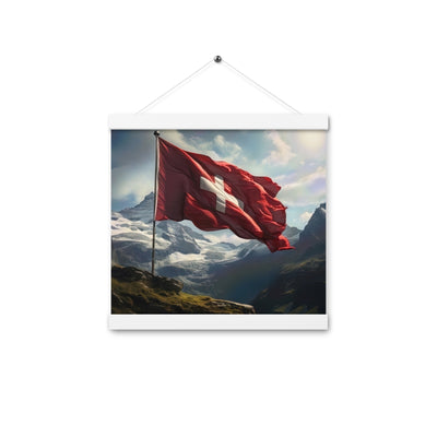 Schweizer Flagge und Berge im Hintergrund - Fotorealistische Malerei - Premium Poster mit Aufhängung berge xxx 30.5 x 30.5 cm