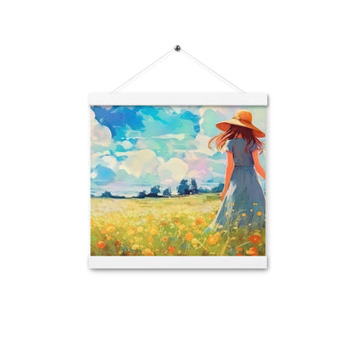 Dame mit Hut im Feld mit Blumen - Landschaftsmalerei - Premium Poster mit Aufhängung camping xxx 30.5 x 30.5 cm