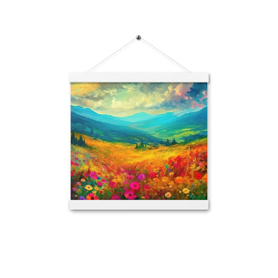 Berglandschaft und schöne farbige Blumen - Malerei - Premium Poster mit Aufhängung berge xxx 30.5 x 30.5 cm
