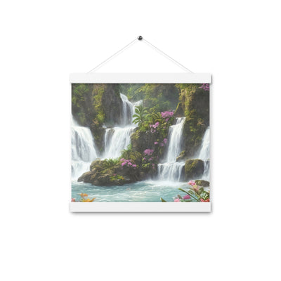 Wasserfall im Wald und Blumen - Schöne Malerei - Premium Poster mit Aufhängung camping xxx 30.5 x 30.5 cm