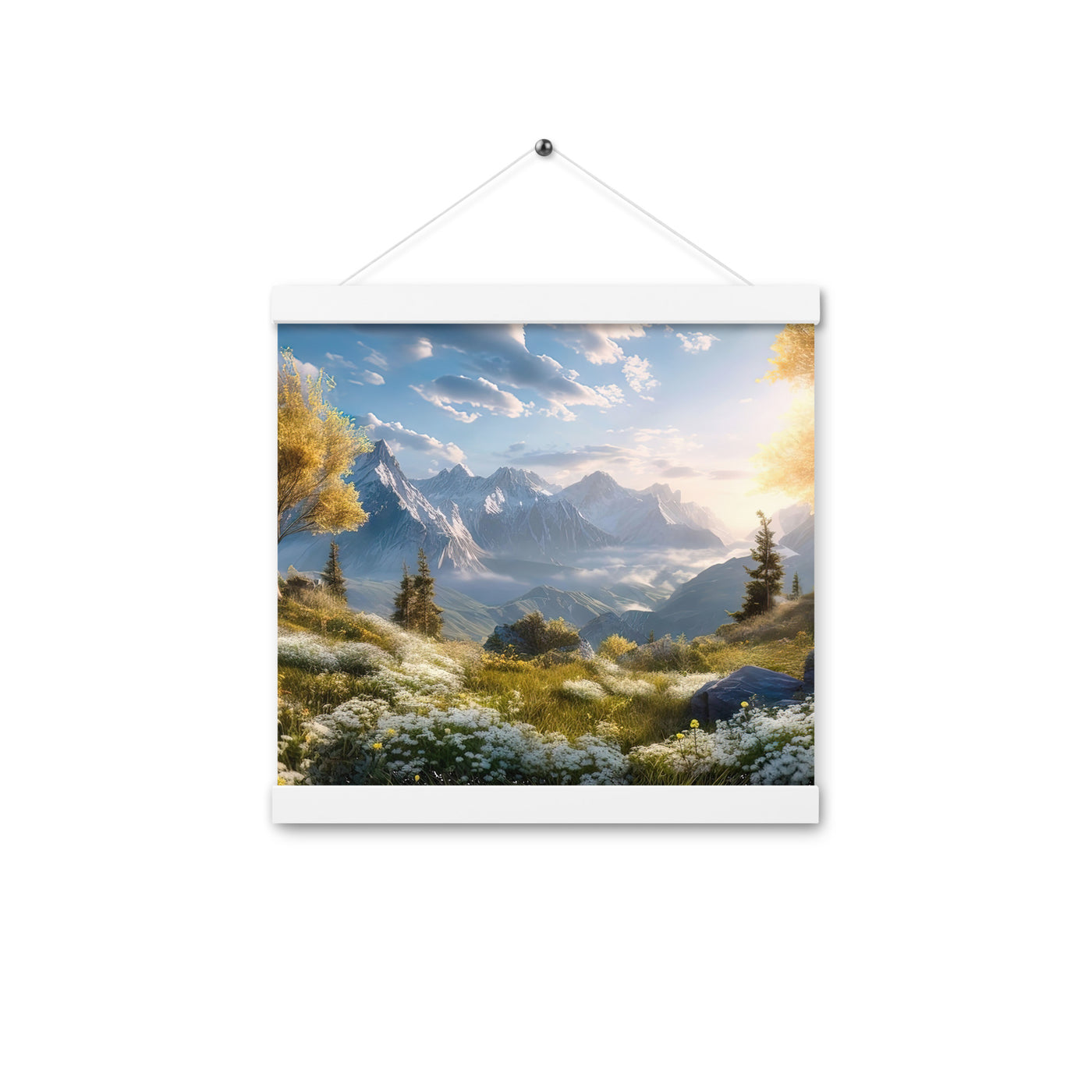Berglandschaft mit Sonnenschein, Blumen und Bäumen - Malerei - Premium Poster mit Aufhängung berge xxx 30.5 x 30.5 cm
