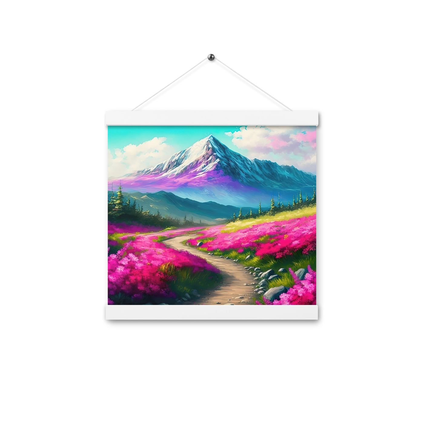 Berg, pinke Blumen und Wanderweg - Landschaftsmalerei - Premium Poster mit Aufhängung berge xxx 30.5 x 30.5 cm