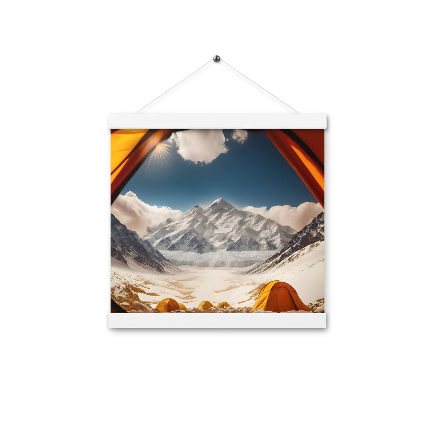Foto aus dem Zelt - Berge und Zelte im Hintergrund - Tagesaufnahme - Premium Poster mit Aufhängung camping xxx 30.5 x 30.5 cm