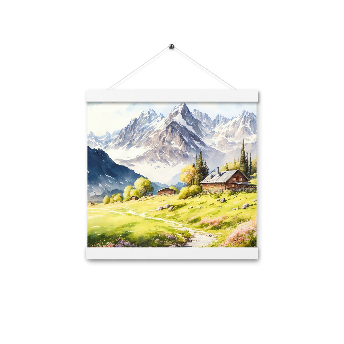 Epische Berge und Berghütte - Landschaftsmalerei - Premium Poster mit Aufhängung berge xxx 30.5 x 30.5 cm