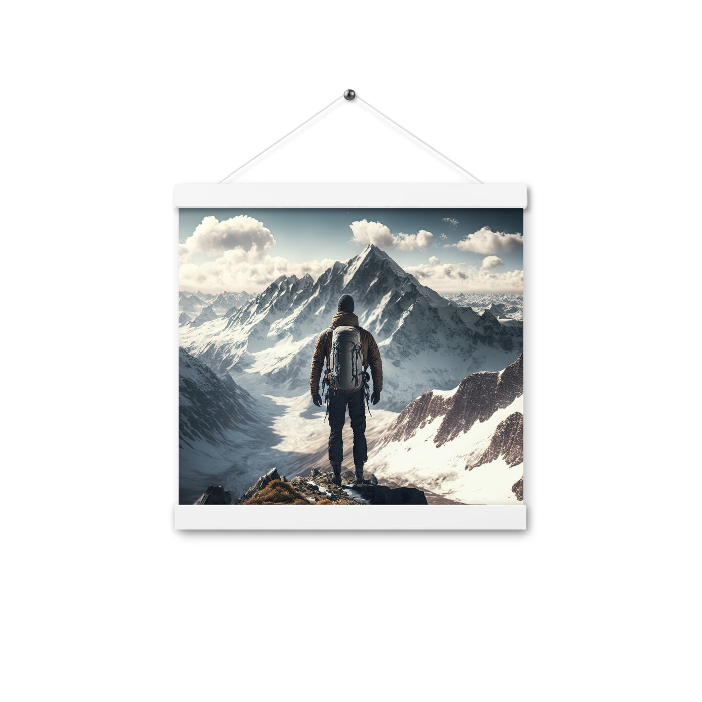 Wanderer auf Berg von hinten - Malerei - Premium Poster mit Aufhängung berge xxx Weiß 30.5 x 30.5 cm