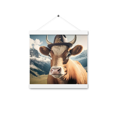 Kuh mit Hut in den Alpen - Berge im Hintergrund - Landschaftsmalerei - Premium Poster mit Aufhängung berge xxx Weiß 30.5 x 30.5 cm