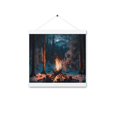Lagerfeuer beim Camping - Wald mit Schneebedeckten Bäumen - Malerei - Premium Poster mit Aufhängung camping xxx 30.5 x 30.5 cm