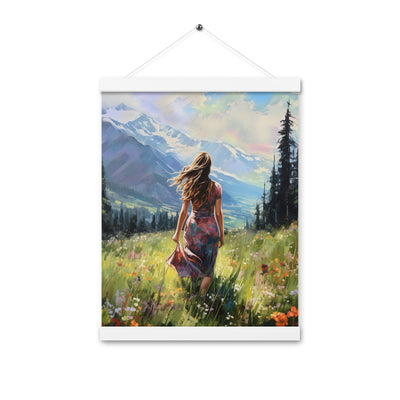 Frau mit langen Kleid im Feld mit Blumen - Berge im Hintergrund - Malerei - Premium Poster mit Aufhängung berge xxx 30.5 x 40.6 cm