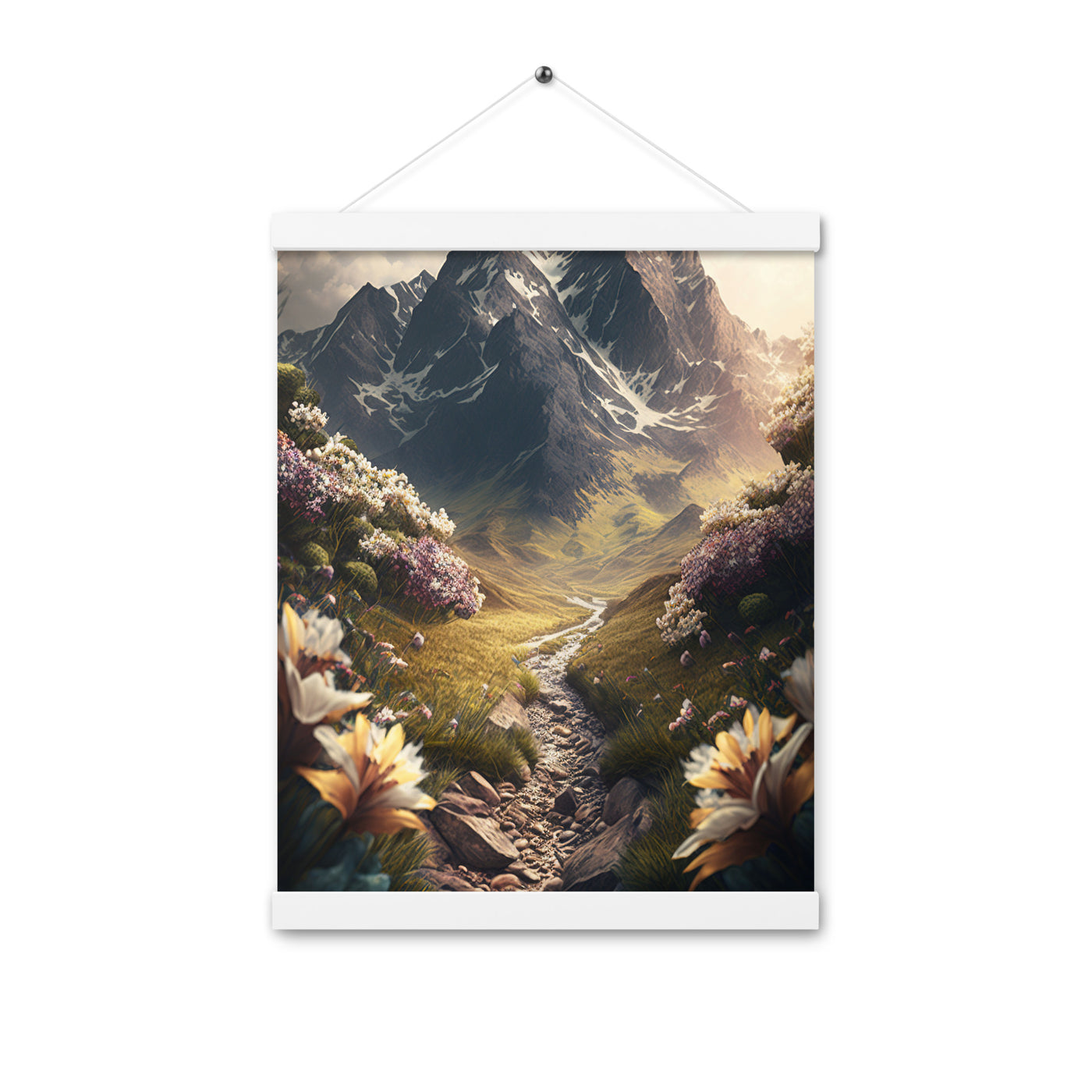 Epischer Berg, steiniger Weg und Blumen - Realistische Malerei - Premium Poster mit Aufhängung berge xxx 30.5 x 40.6 cm