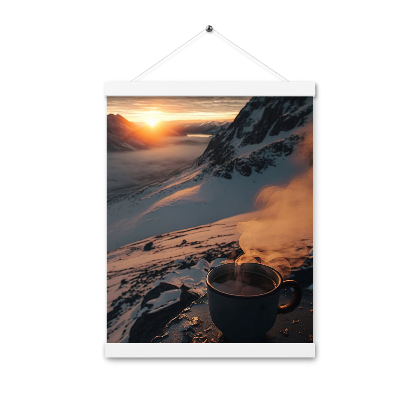 Heißer Kaffee auf einem schneebedeckten Berg - Premium Poster mit Aufhängung berge xxx 30.5 x 40.6 cm