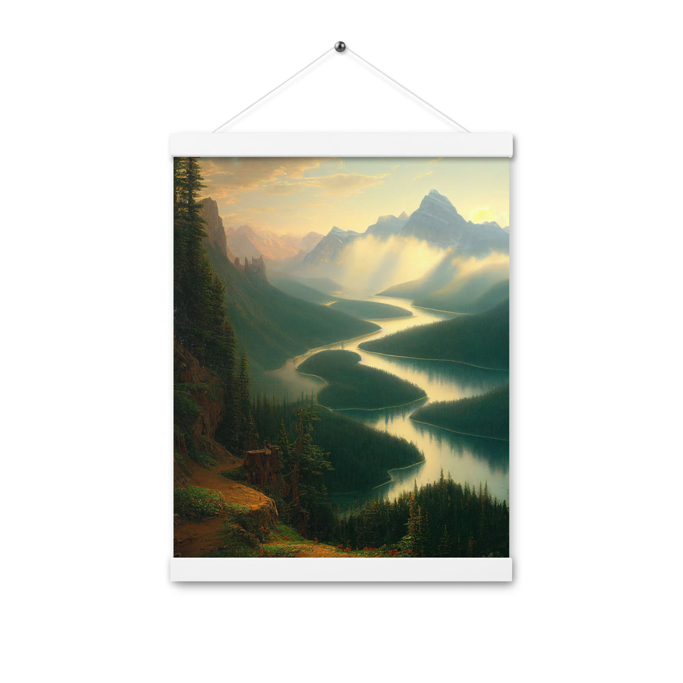 Landschaft mit Bergen, See und viel grüne Natur - Malerei - Premium Poster mit Aufhängung berge xxx 30.5 x 40.6 cm
