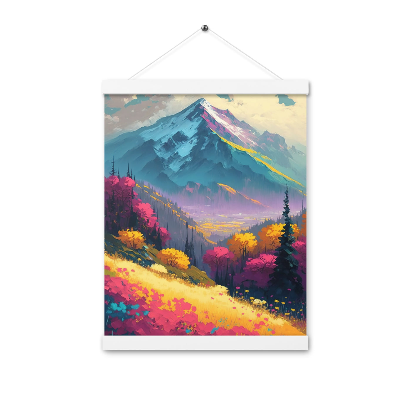 Berge, pinke und gelbe Bäume, sowie Blumen - Farbige Malerei - Premium Poster mit Aufhängung berge xxx 30.5 x 40.6 cm