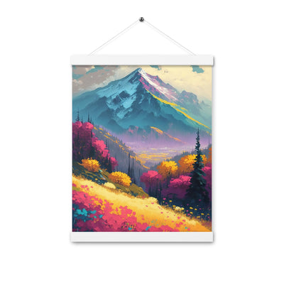Berge, pinke und gelbe Bäume, sowie Blumen - Farbige Malerei - Premium Poster mit Aufhängung berge xxx 30.5 x 40.6 cm