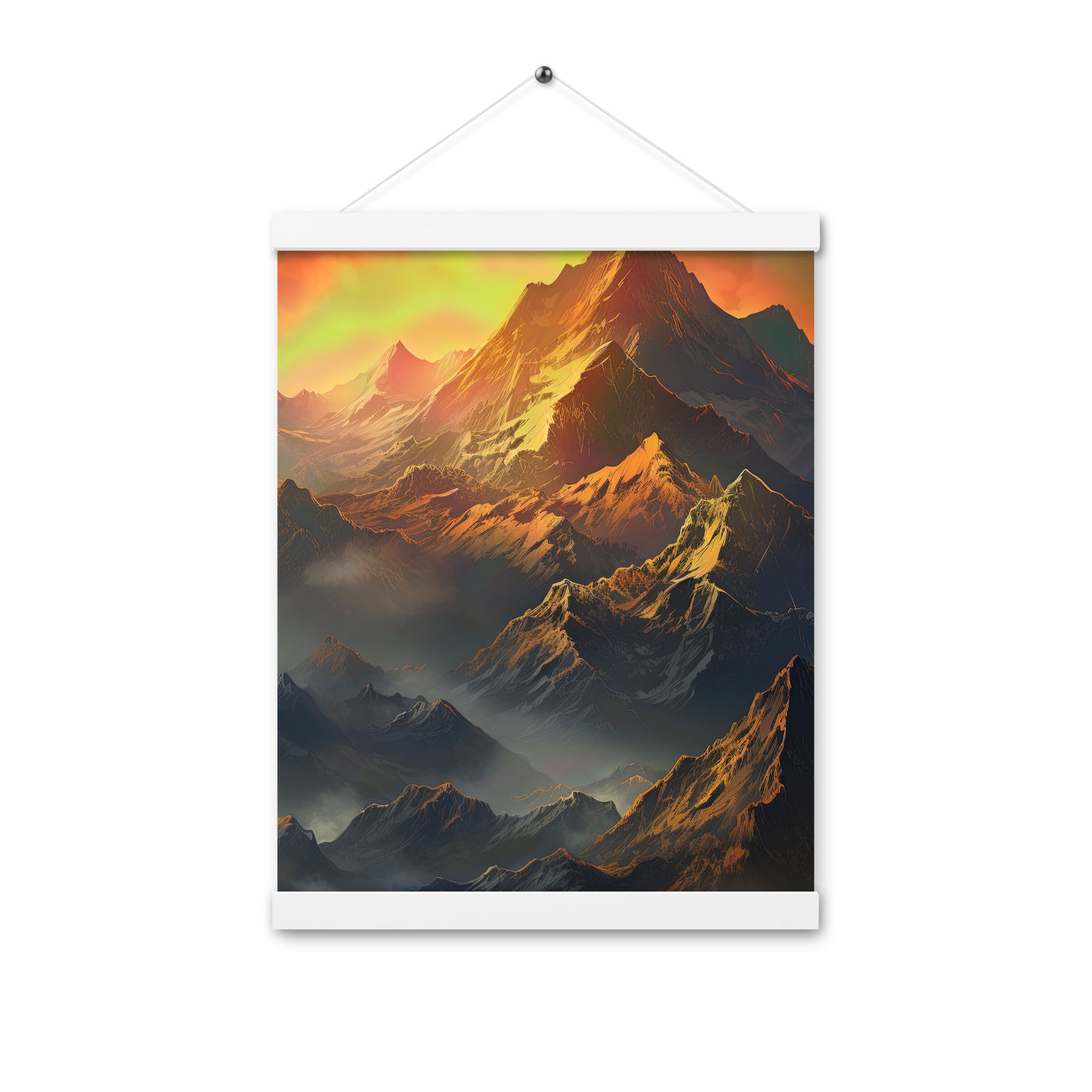 Wunderschöne Himalaya Gebirge im Nebel und Sonnenuntergang - Malerei - Premium Poster mit Aufhängung berge xxx 30.5 x 40.6 cm