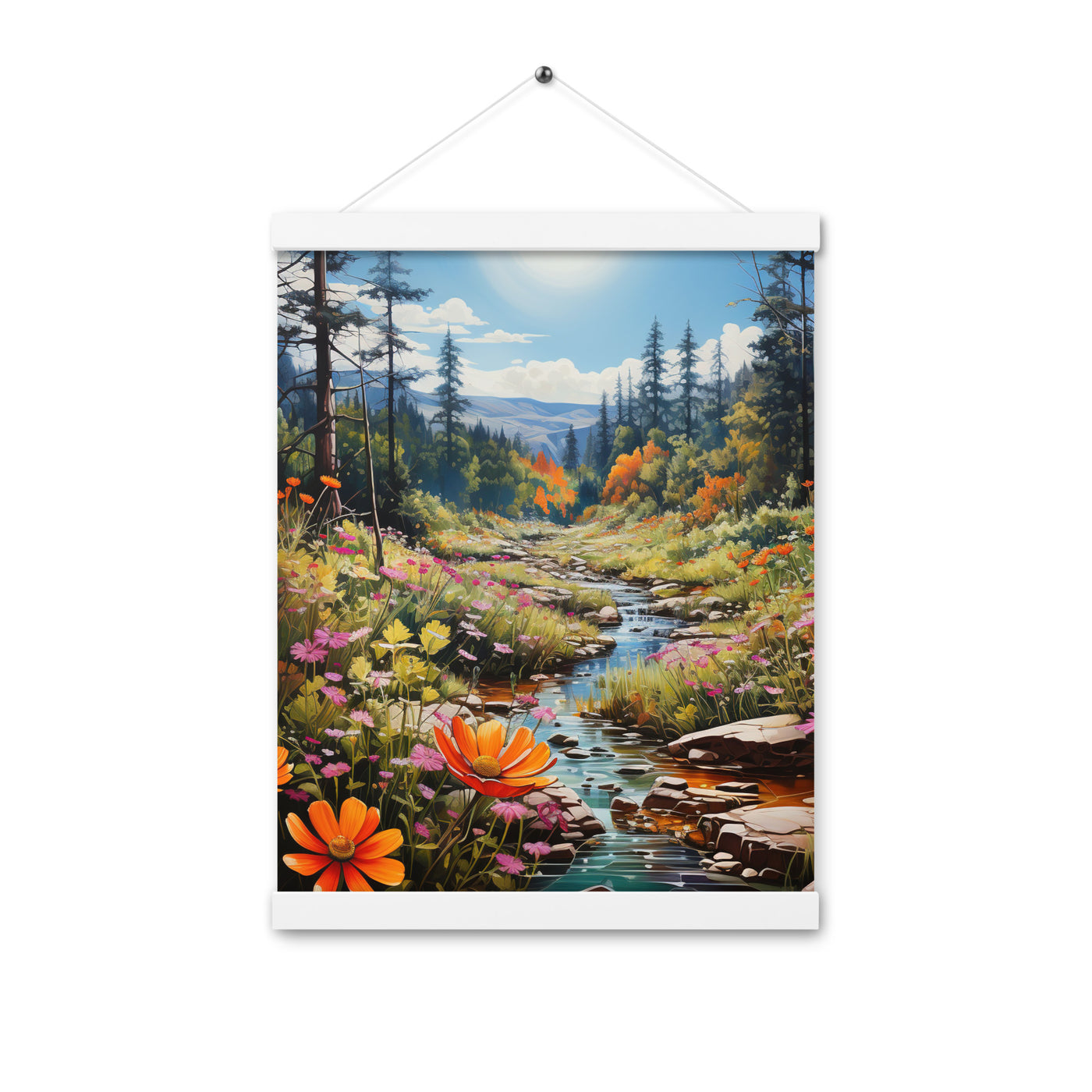 Berge, schöne Blumen und Bach im Wald - Premium Poster mit Aufhängung berge xxx 30.5 x 40.6 cm