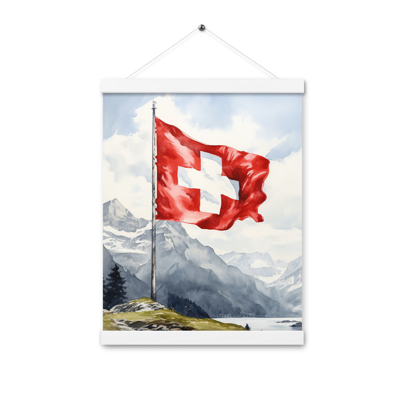 Schweizer Flagge und Berge im Hintergrund - Epische Stimmung - Malerei - Premium Poster mit Aufhängung berge xxx 30.5 x 40.6 cm