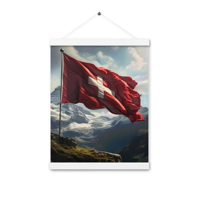 Schweizer Flagge und Berge im Hintergrund - Fotorealistische Malerei - Premium Poster mit Aufhängung berge xxx 30.5 x 40.6 cm