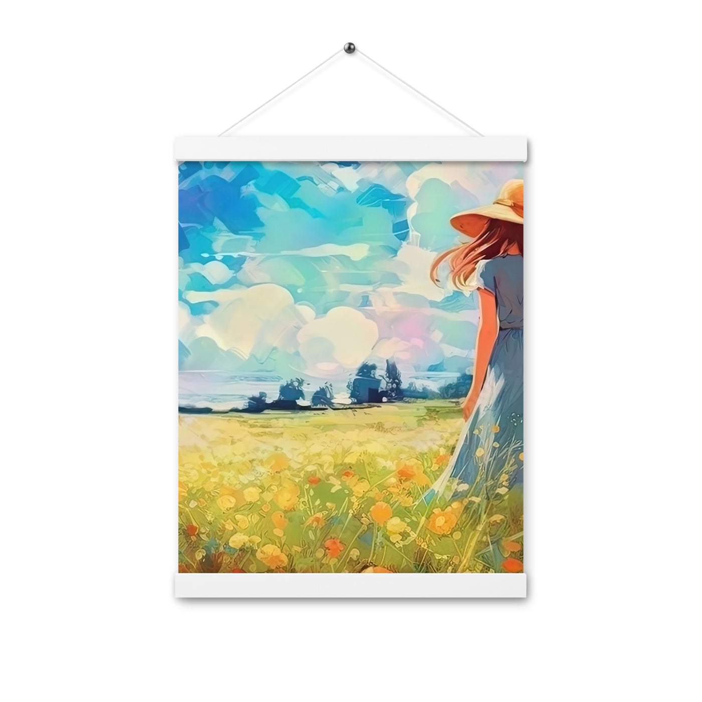 Dame mit Hut im Feld mit Blumen - Landschaftsmalerei - Premium Poster mit Aufhängung camping xxx 30.5 x 40.6 cm