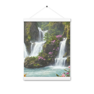 Wasserfall im Wald und Blumen - Schöne Malerei - Premium Poster mit Aufhängung camping xxx 30.5 x 40.6 cm