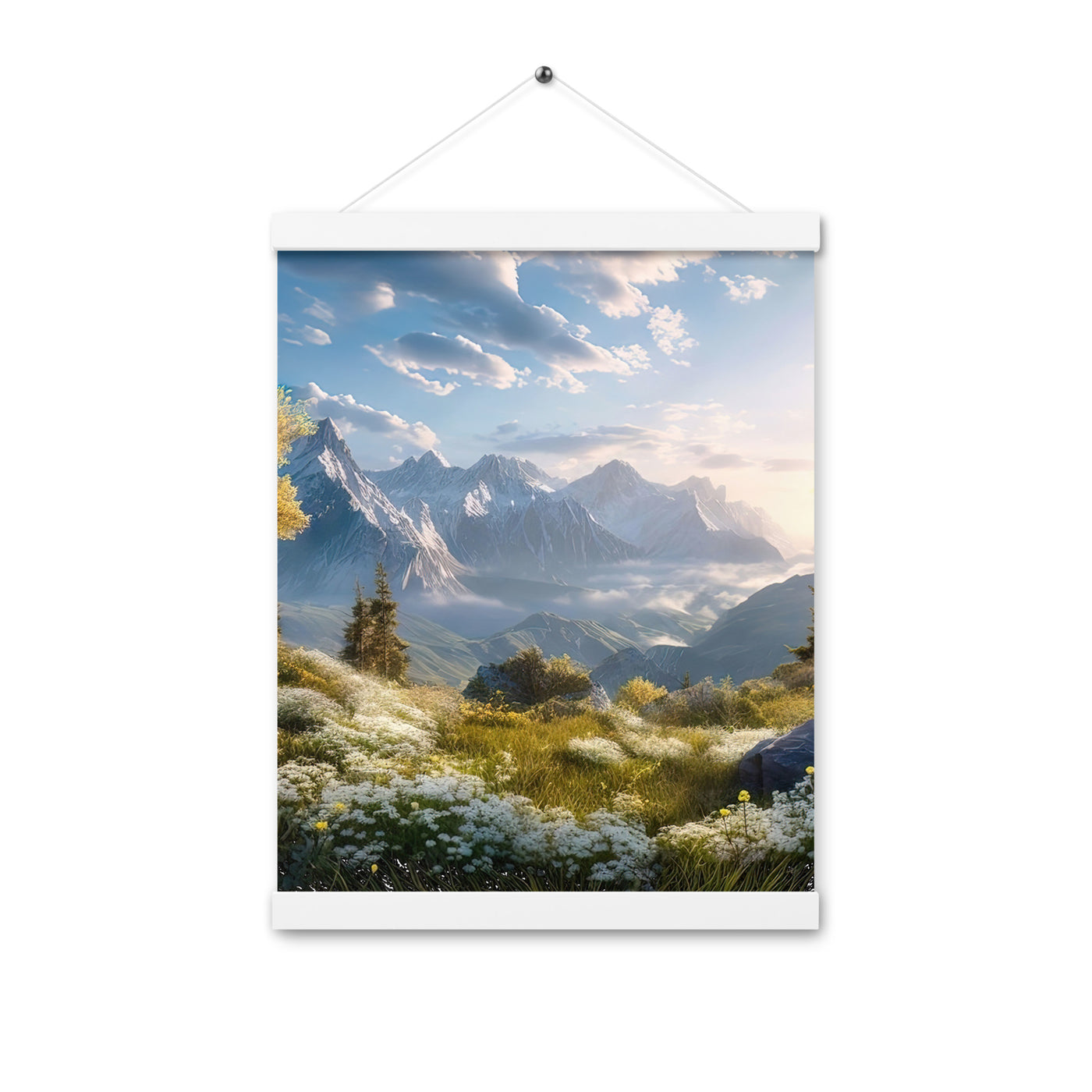 Berglandschaft mit Sonnenschein, Blumen und Bäumen - Malerei - Premium Poster mit Aufhängung berge xxx 30.5 x 40.6 cm