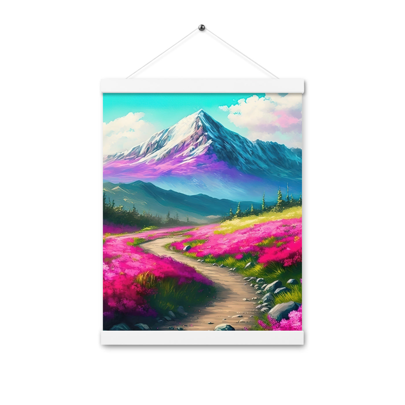 Berg, pinke Blumen und Wanderweg - Landschaftsmalerei - Premium Poster mit Aufhängung berge xxx 30.5 x 40.6 cm