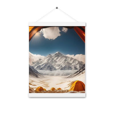 Foto aus dem Zelt - Berge und Zelte im Hintergrund - Tagesaufnahme - Premium Poster mit Aufhängung camping xxx 30.5 x 40.6 cm