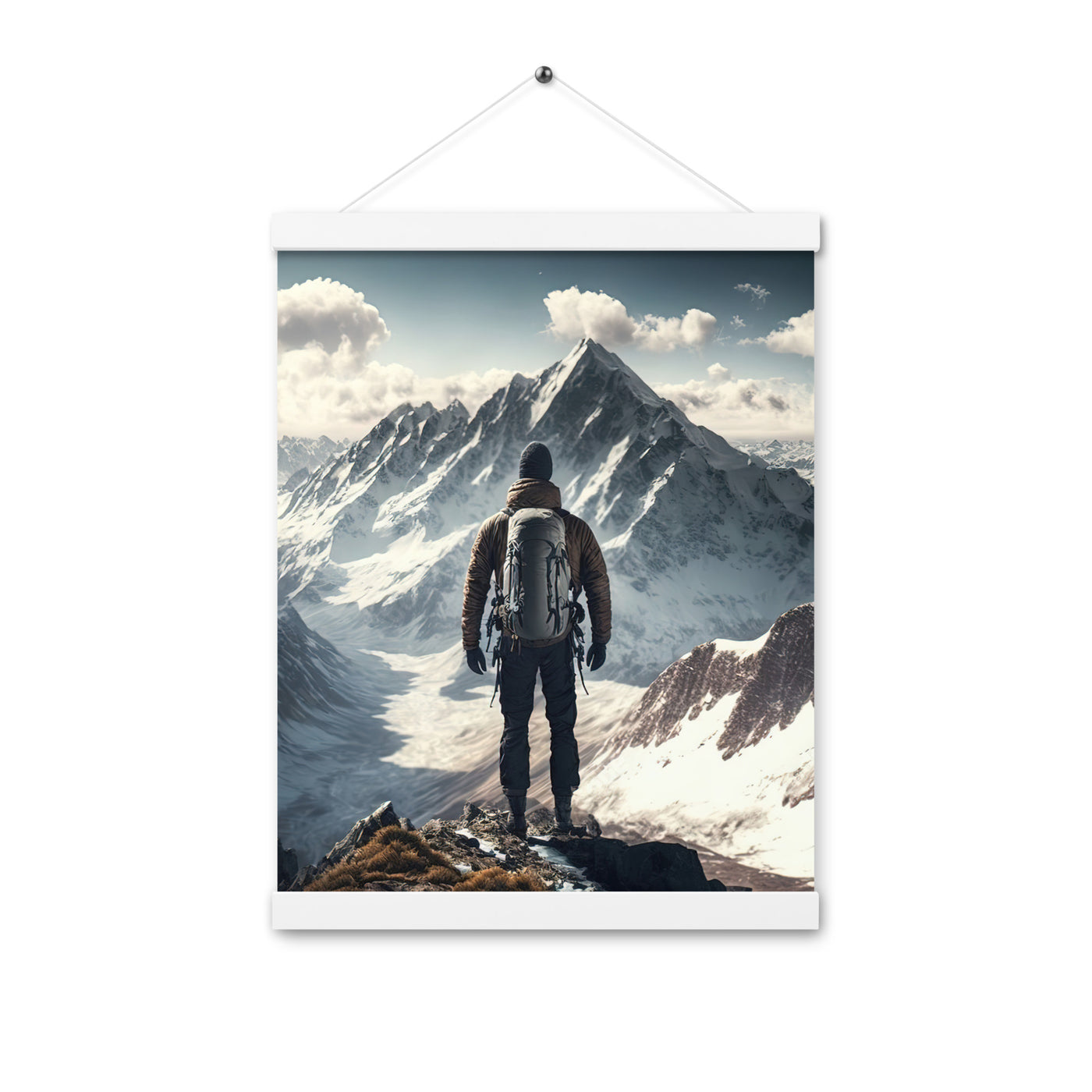 Wanderer auf Berg von hinten - Malerei - Premium Poster mit Aufhängung berge xxx Weiß 30.5 x 40.6 cm