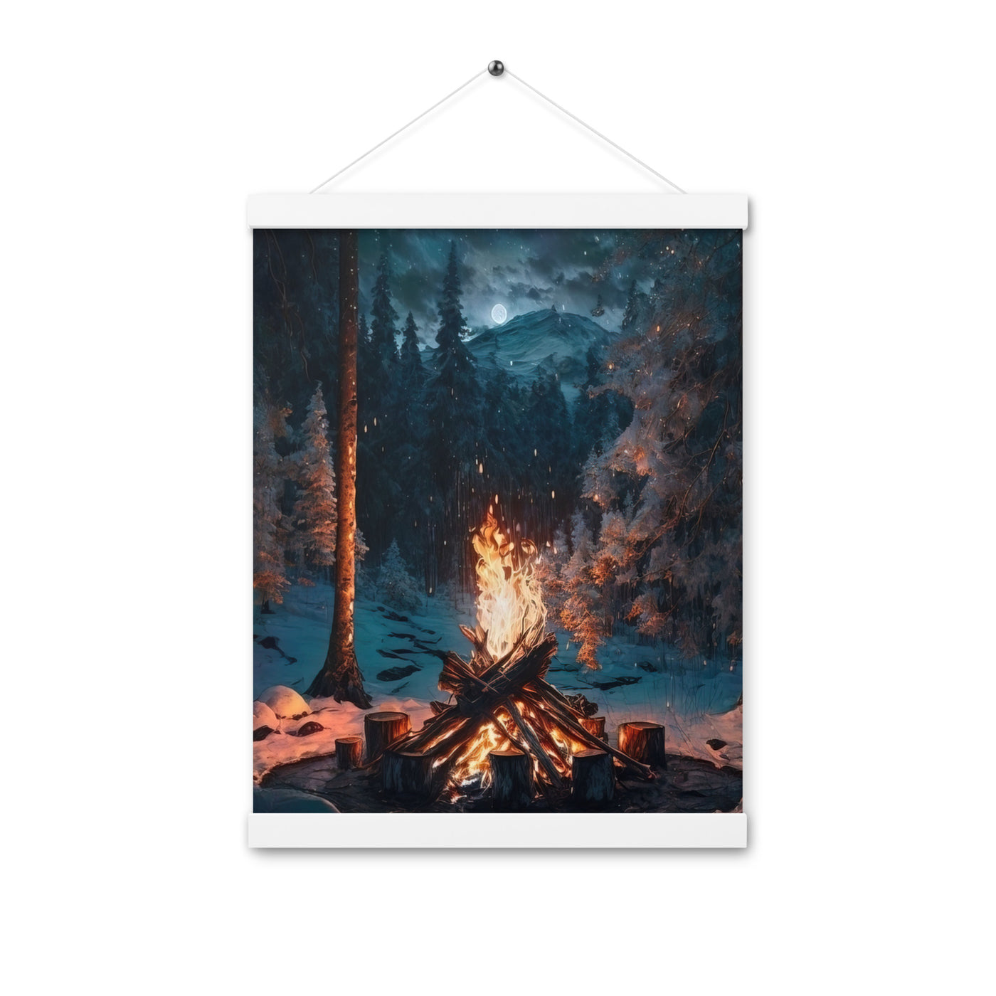 Lagerfeuer beim Camping - Wald mit Schneebedeckten Bäumen - Malerei - Premium Poster mit Aufhängung camping xxx 30.5 x 40.6 cm