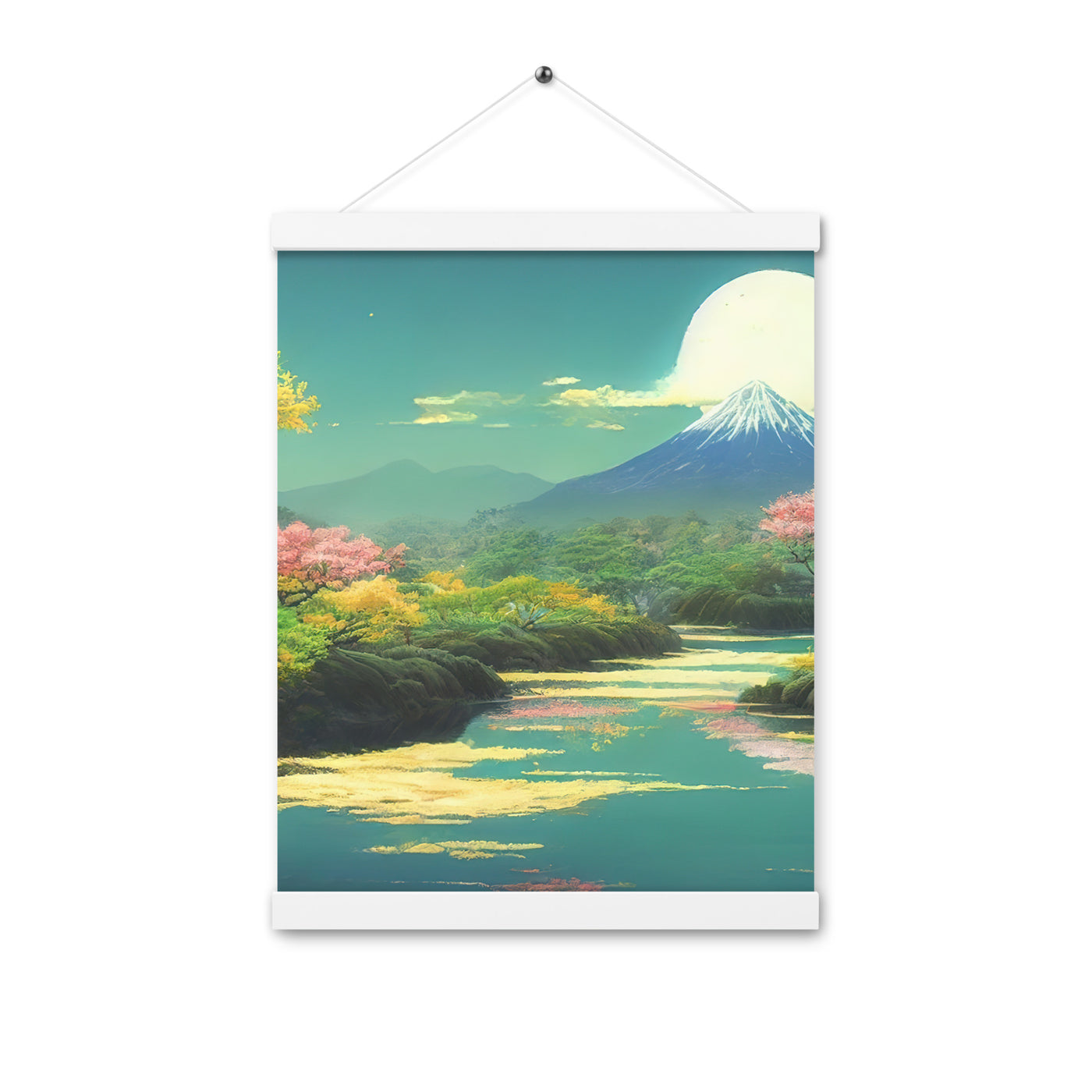 Berg, See und Wald mit pinken Bäumen - Landschaftsmalerei - Premium Poster mit Aufhängung berge xxx 30.5 x 40.6 cm
