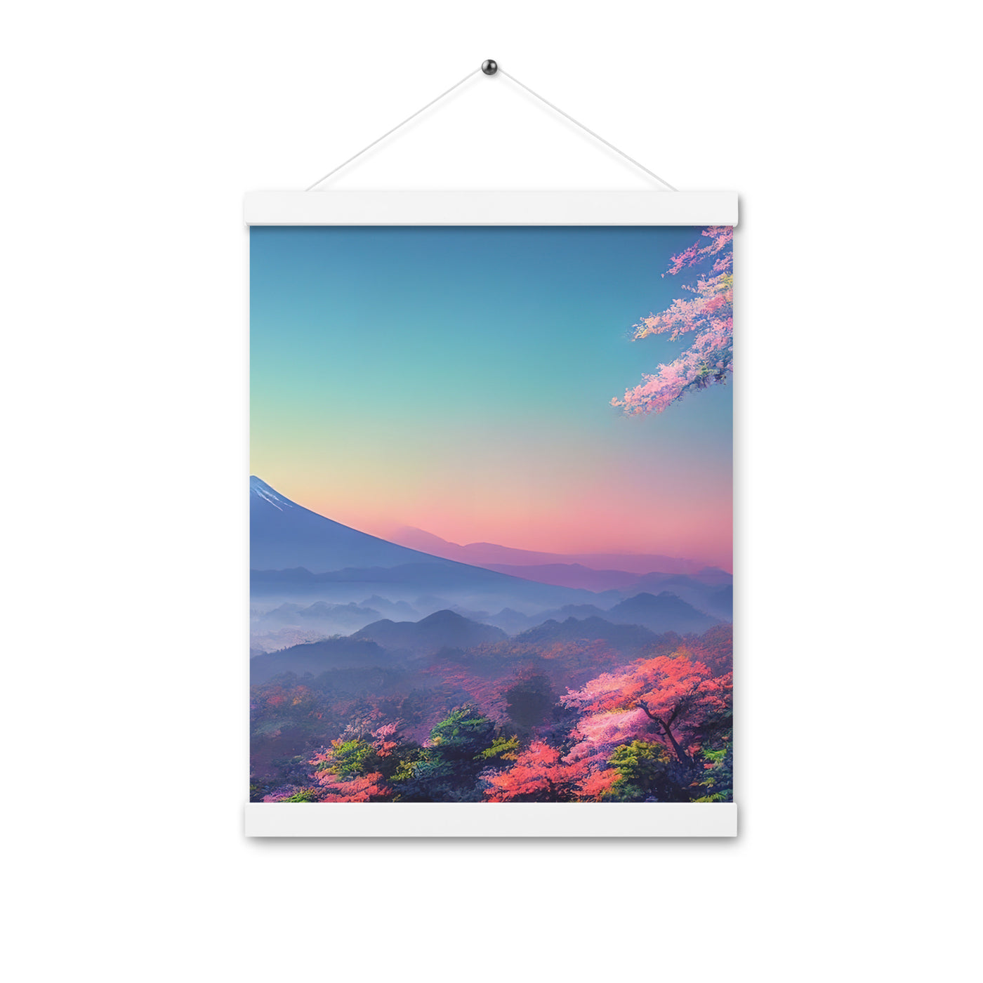 Berg und Wald mit pinken Bäumen - Landschaftsmalerei - Premium Poster mit Aufhängung berge xxx Weiß 30.5 x 40.6 cm
