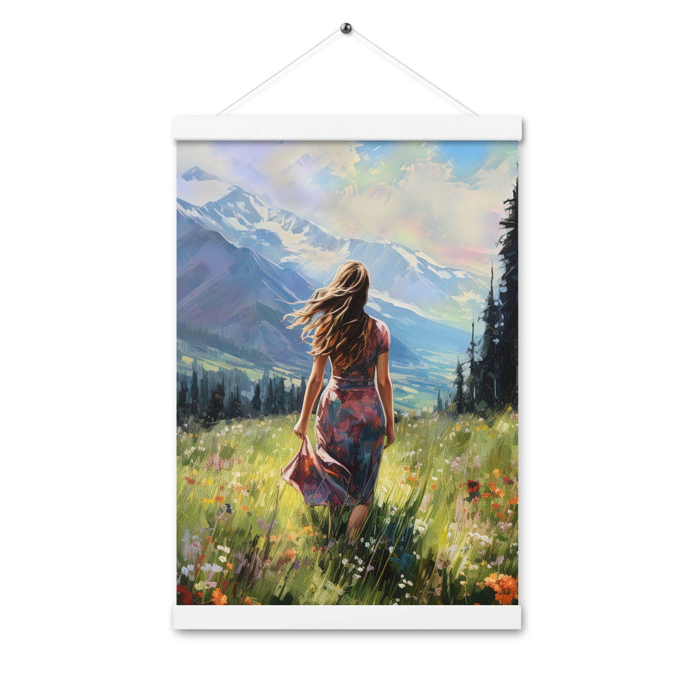 Frau mit langen Kleid im Feld mit Blumen - Berge im Hintergrund - Malerei - Premium Poster mit Aufhängung berge xxx 30.5 x 45.7 cm