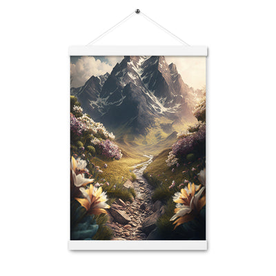 Epischer Berg, steiniger Weg und Blumen - Realistische Malerei - Premium Poster mit Aufhängung berge xxx 30.5 x 45.7 cm