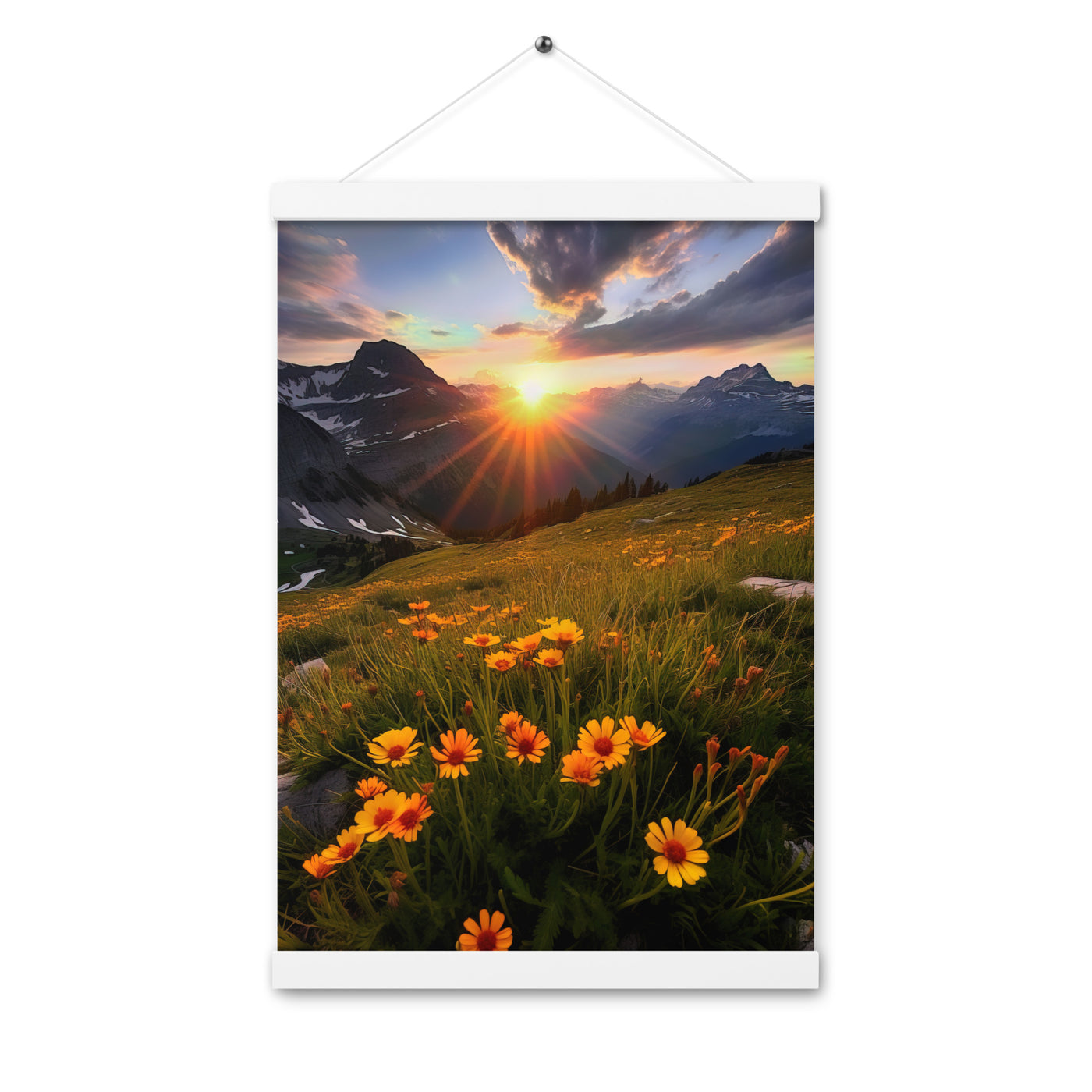 Gebirge, Sonnenblumen und Sonnenaufgang - Premium Poster mit Aufhängung berge xxx 30.5 x 45.7 cm