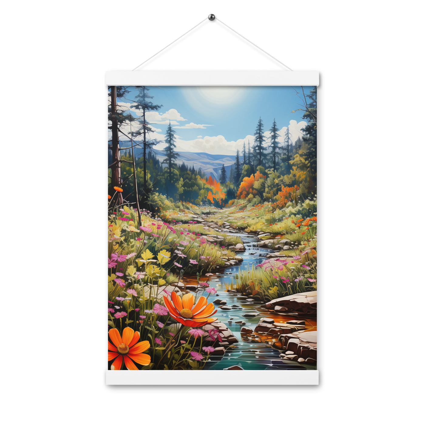 Berge, schöne Blumen und Bach im Wald - Premium Poster mit Aufhängung berge xxx 30.5 x 45.7 cm