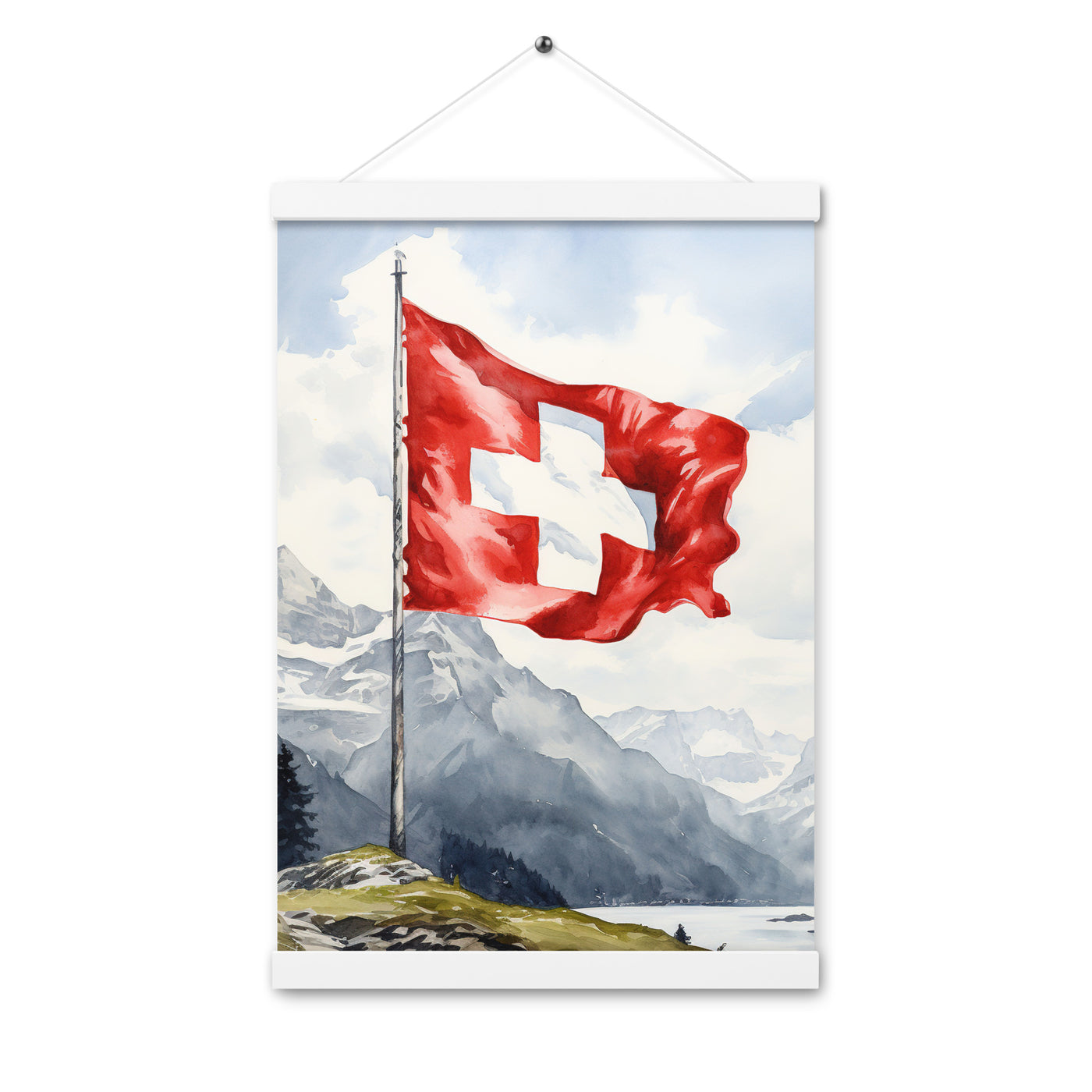 Schweizer Flagge und Berge im Hintergrund - Epische Stimmung - Malerei - Premium Poster mit Aufhängung berge xxx 30.5 x 45.7 cm