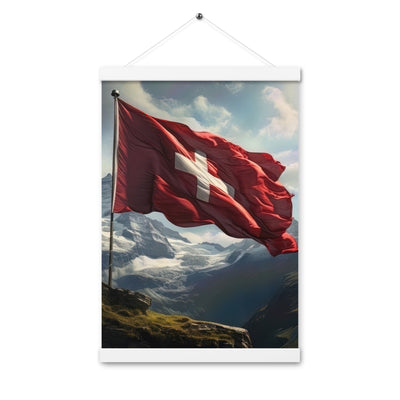 Schweizer Flagge und Berge im Hintergrund - Fotorealistische Malerei - Premium Poster mit Aufhängung berge xxx 30.5 x 45.7 cm