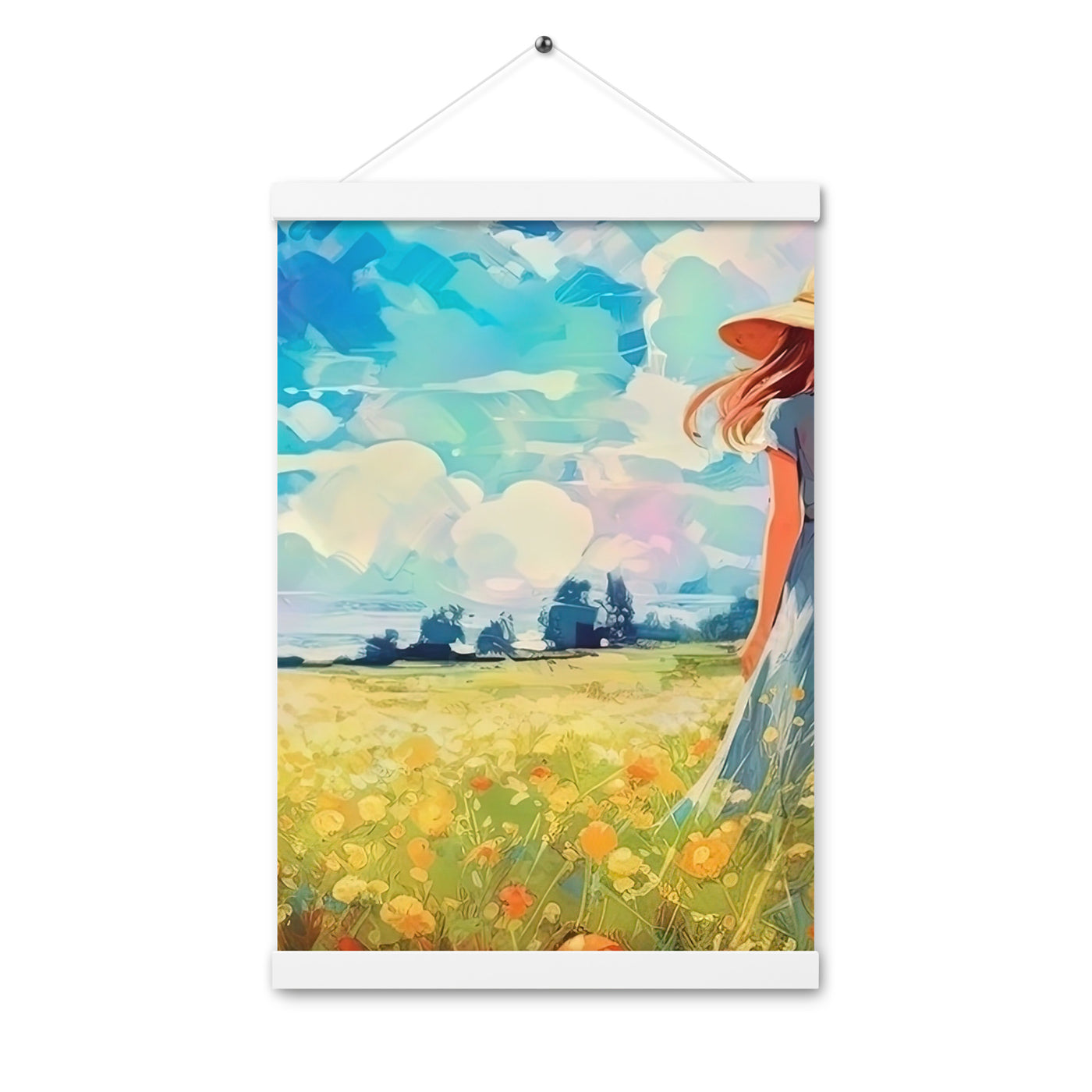 Dame mit Hut im Feld mit Blumen - Landschaftsmalerei - Premium Poster mit Aufhängung camping xxx 30.5 x 45.7 cm