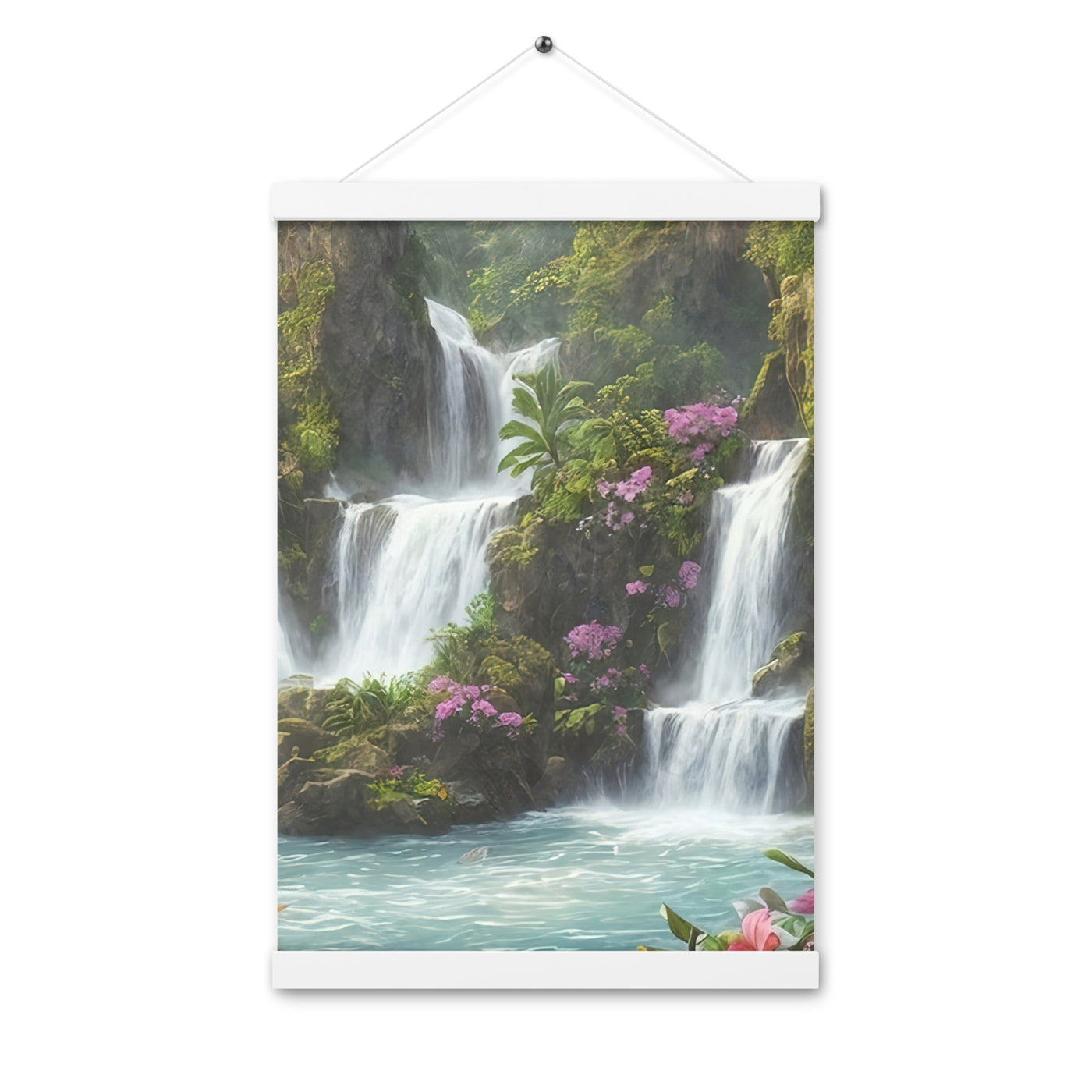 Wasserfall im Wald und Blumen - Schöne Malerei - Premium Poster mit Aufhängung camping xxx 30.5 x 45.7 cm