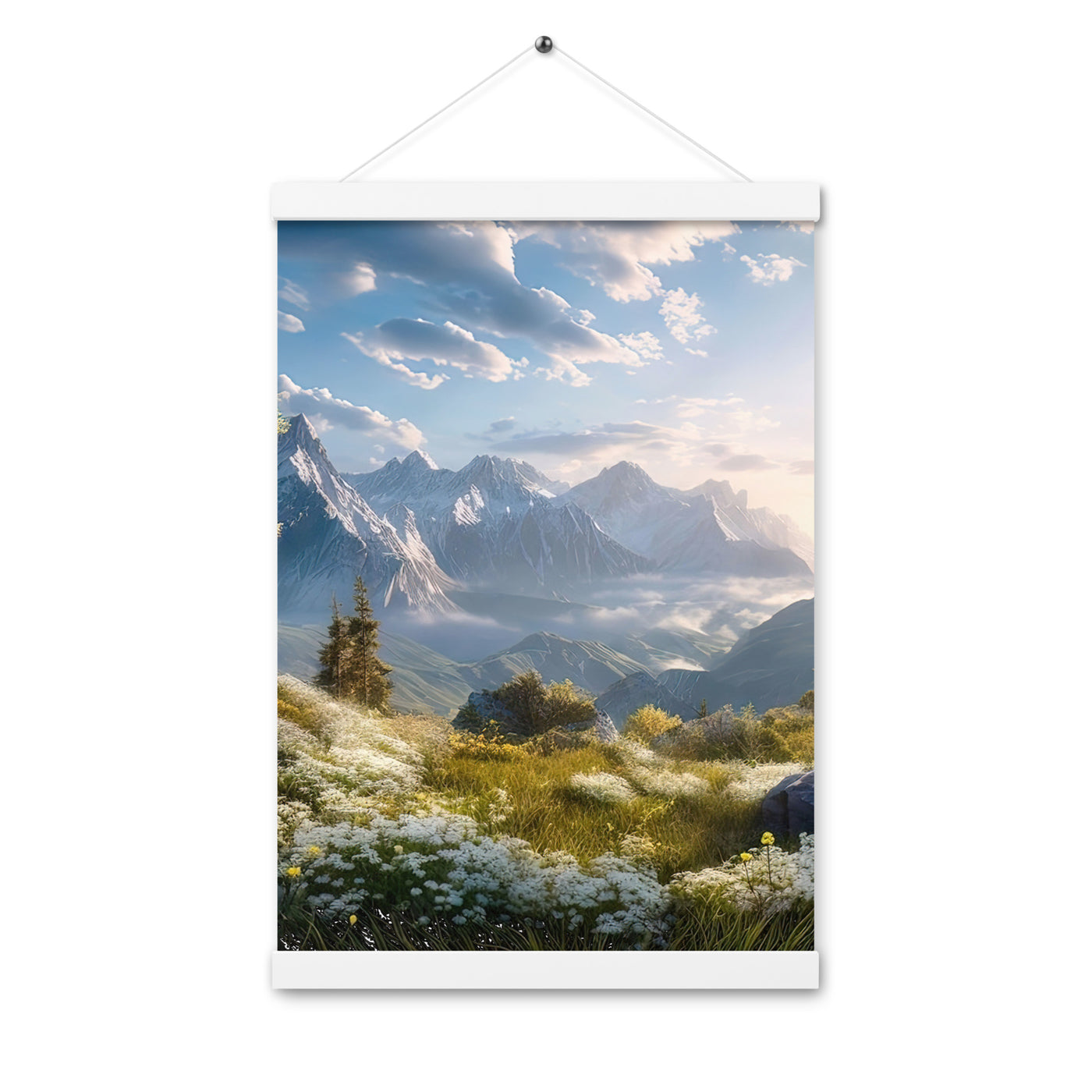 Berglandschaft mit Sonnenschein, Blumen und Bäumen - Malerei - Premium Poster mit Aufhängung berge xxx 30.5 x 45.7 cm