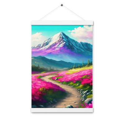 Berg, pinke Blumen und Wanderweg - Landschaftsmalerei - Premium Poster mit Aufhängung berge xxx 30.5 x 45.7 cm