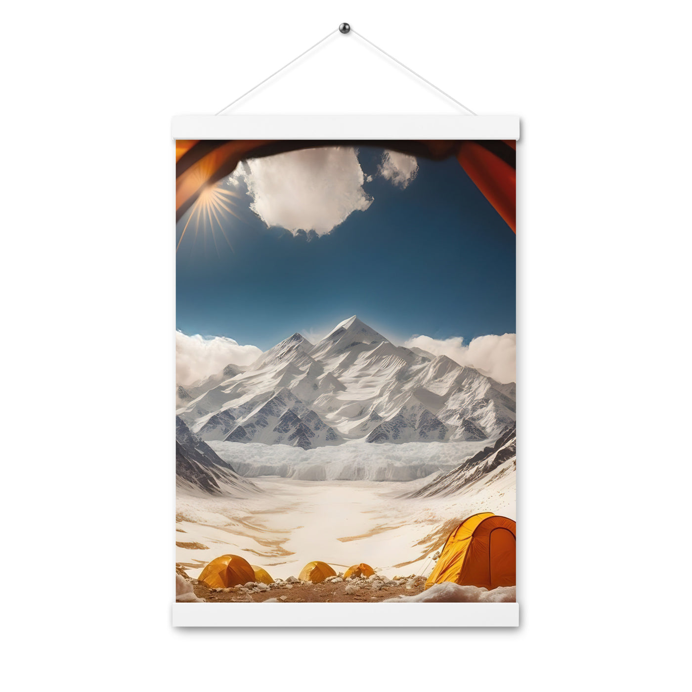Foto aus dem Zelt - Berge und Zelte im Hintergrund - Tagesaufnahme - Premium Poster mit Aufhängung camping xxx 30.5 x 45.7 cm