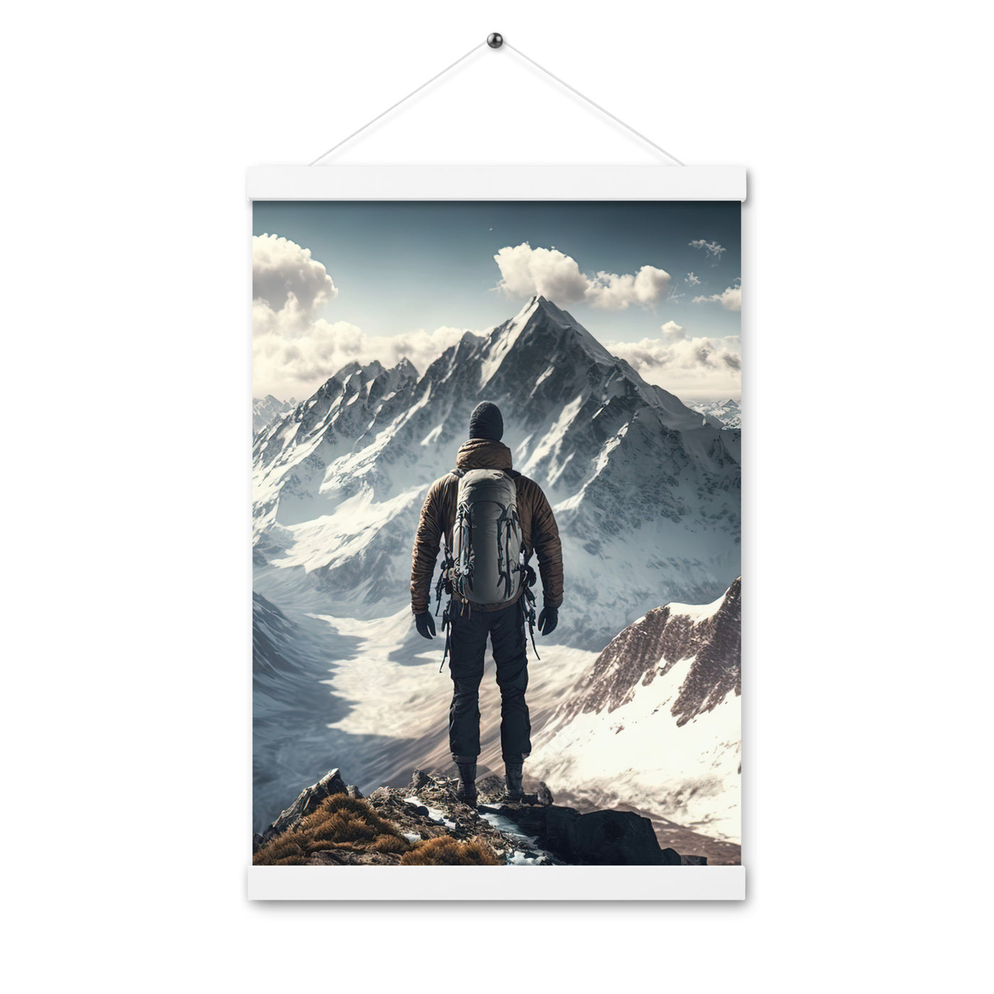 Wanderer auf Berg von hinten - Malerei - Premium Poster mit Aufhängung berge xxx Weiß 30.5 x 45.7 cm