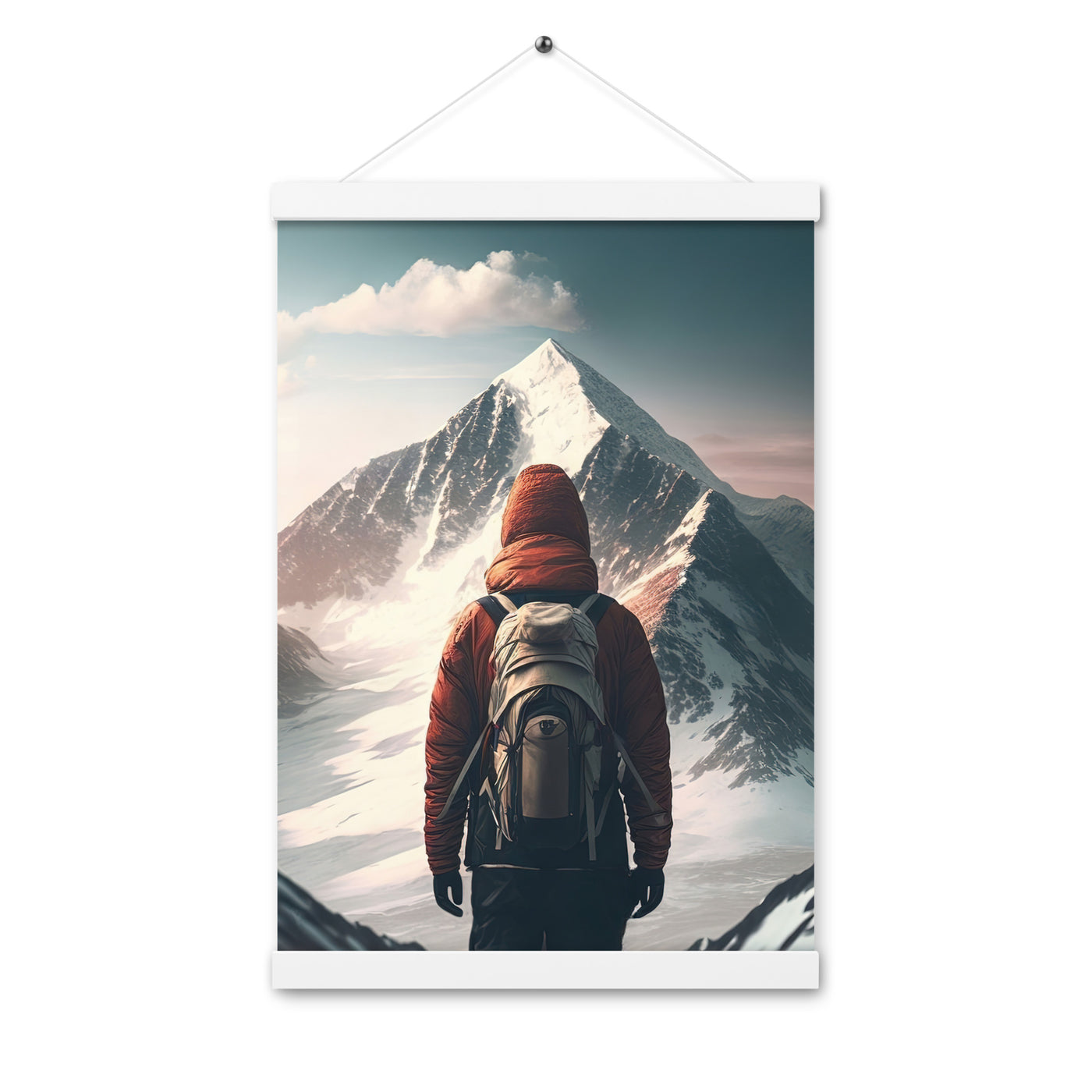 Wanderer von hinten vor einem Berg - Malerei - Premium Poster mit Aufhängung berge xxx Weiß 30.5 x 45.7 cm