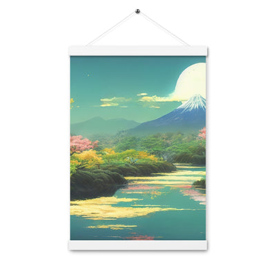 Berg, See und Wald mit pinken Bäumen - Landschaftsmalerei - Premium Poster mit Aufhängung berge xxx 30.5 x 45.7 cm